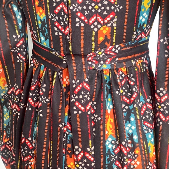 70s Dress Empire Waist Belt Tie Midi Poly Floral Pattern Puff Sleeve V Neck - Picture 5 of 9